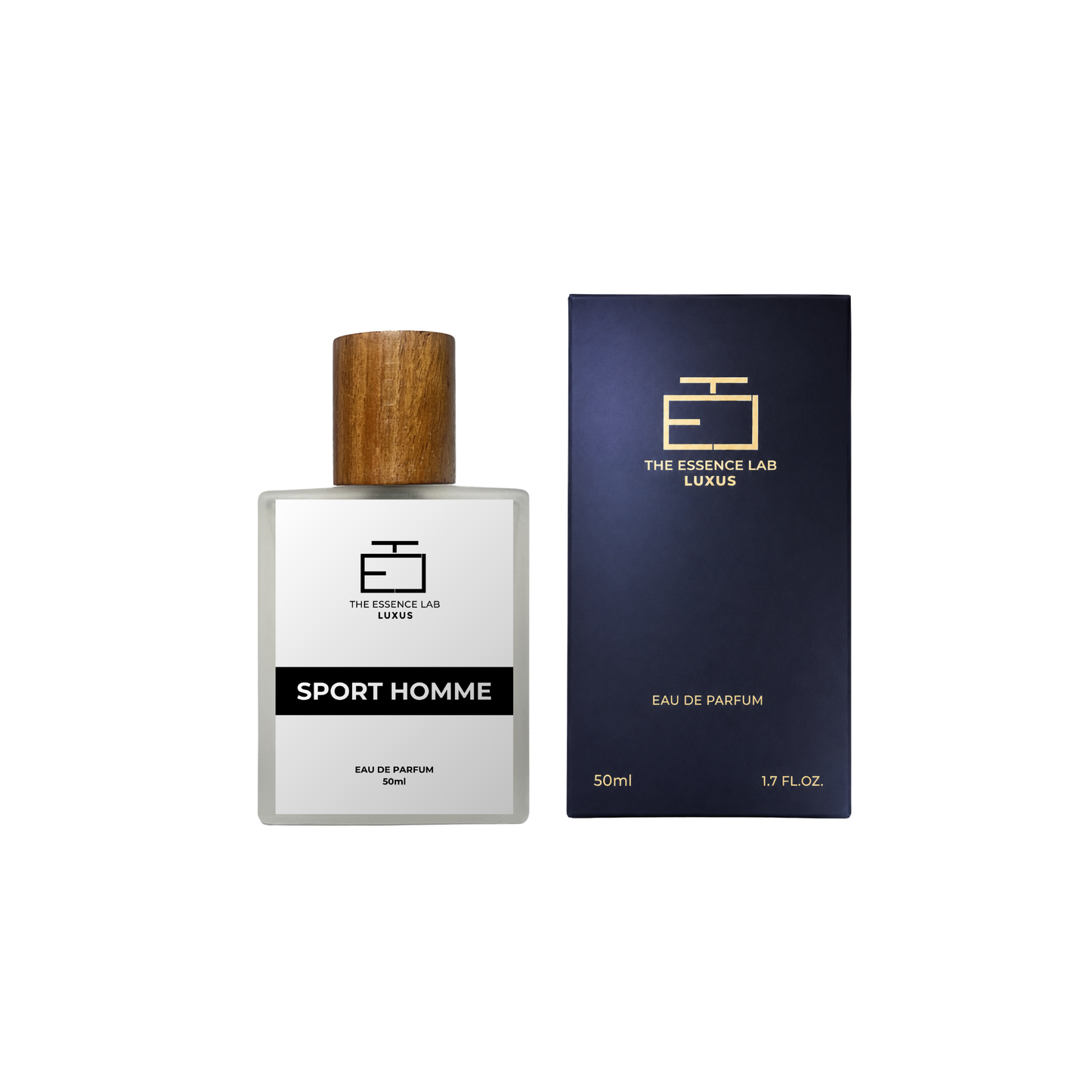 A 50ml bottle of The Essence Lab Luxus Sport Homme Eau de Parfum with a light wood cap, shown next to its navy blue packaging box with gold lettering on a white background.